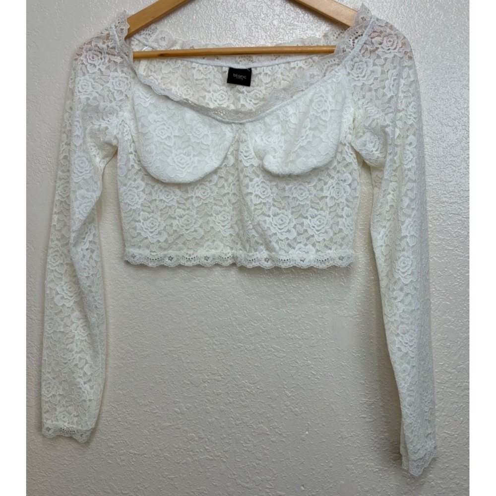 Blanc Clothing White Lace Cropped Long Sleeve Scoop Neck Top Boho Babydoll M